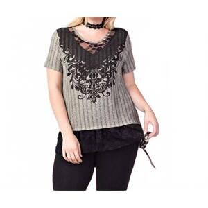NEW VOCAL APPAREL ribbed lace rhinestone top - plus in gray